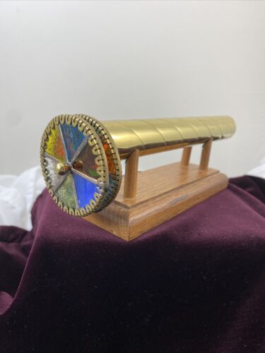 Vintage Stained Glass Brass Kaleidoscope On Wood Stand Signed By Artist 1988